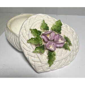 Trinket Box Heart Shaped Floral Lid 3D Purple Pansy 3.5" Intricate Details